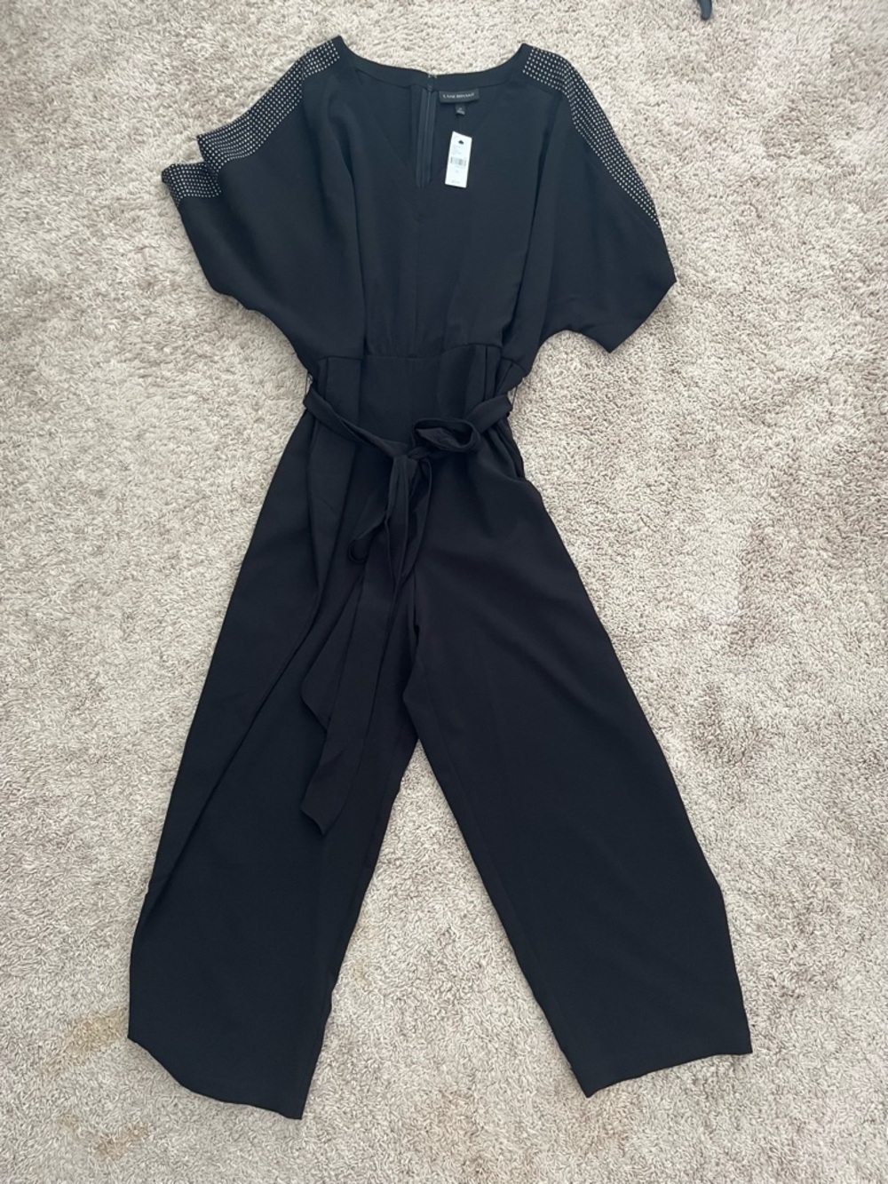 Lane Bryant Black Short-Sleeve Wide-Leg Jumpsuit with Studded Shoulders